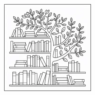Bold and easy coloring page displaying an abstract tree acting as a bookshelf, a charming addition for a cozy home design.