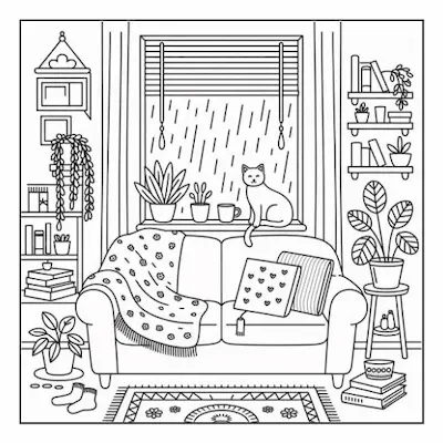 Bold and easy coloring page of a cat sitting on a windowsill, contemplating the rain in a snug, cozy home interior.