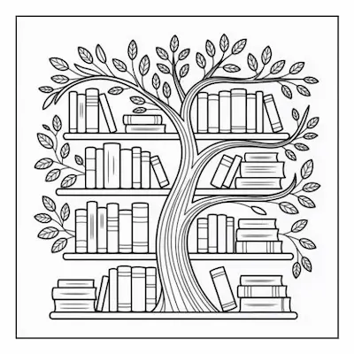 Bold and easy coloring page portraying a sturdy tree forming a bookshelf, a creative and cozy home furnishing idea.