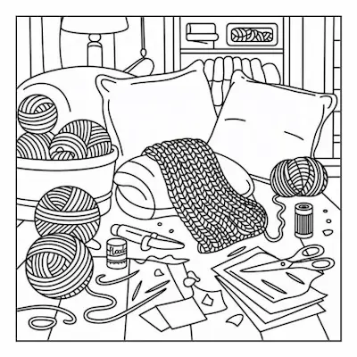 Bold and easy coloring page of a tabletop filled with yarn, knitting, and craft supplies, perfect for a cozy home hobby scene.