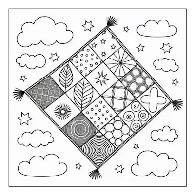 Bold and easy coloring page of a patterned quilted blanket floating among clouds and stars, for a unique cozy home accent.