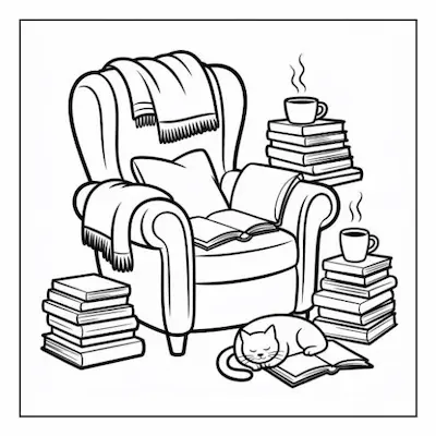 Bold and easy coloring page showing a cat napping on an open book beside a cozy armchair, defining a relaxed home ambiance.