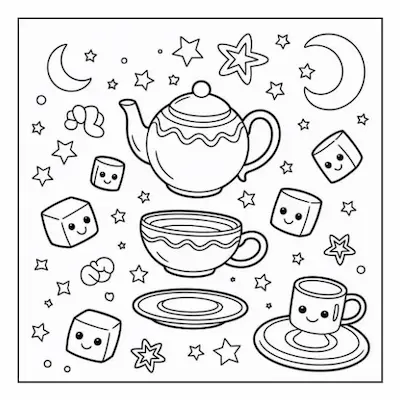 Bold and easy coloring page with a smiling teapot and cups surrounded by stars and marshmallows, suggesting a cheerful, cozy home beverage time.
