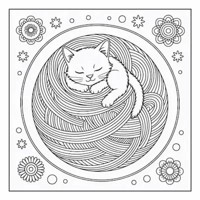 Bold and easy coloring page of a cute sleeping kitten nestled within a large yarn ball, a delightful image for a cozy home.