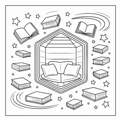 Bold and easy coloring page featuring a cozy reading alcove surrounded by magically floating books, perfect for a modern home.