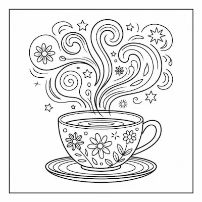 Bold and easy coloring page illustrating a steaming teacup with floral patterns, evoking a warm and cozy home feeling.