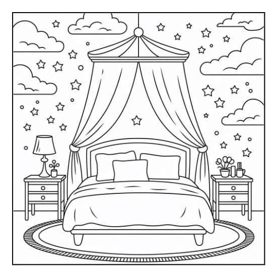 Bold and easy cozy coloring page featuring a warm bedroom with canopy bed and hygge decor details for adults.