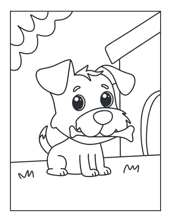 Happy puppy holding a bone near its doghouse and a tree on a coloring page