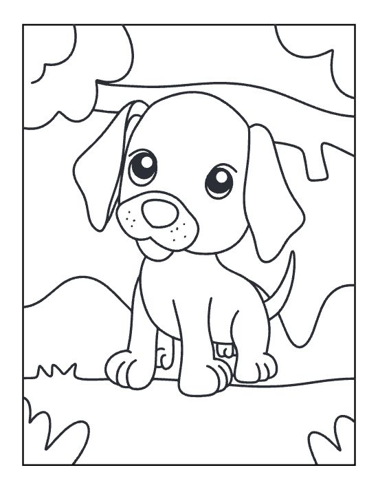Beagle puppy among forest bushes and tall trees on a coloring sheet