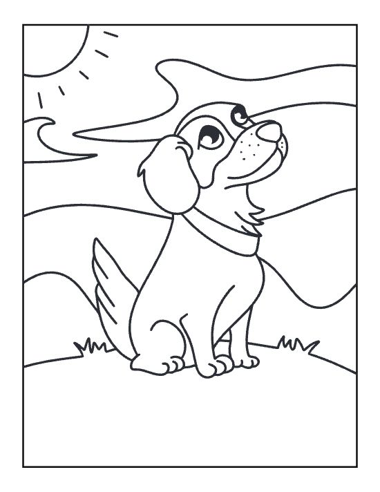 Sweet spaniel puppy on a grassy hill gazing up at the sun on a coloring sheet