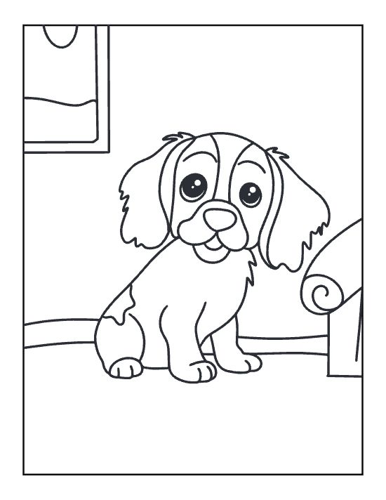 Long eared cocker spaniel puppy sitting indoors near a chair drawn bold and easy
