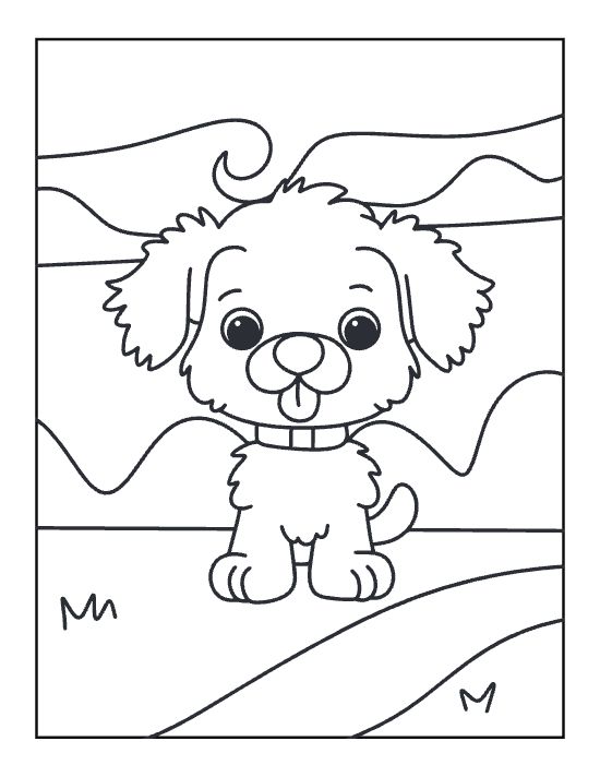 Fluffy puppy with tongue out wearing a collar against a swirly backdrop on a coloring page
