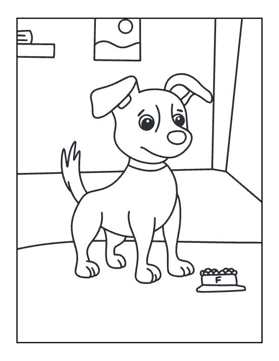 Standing terrier dog next to a full food bowl indoors on a coloring sheet
