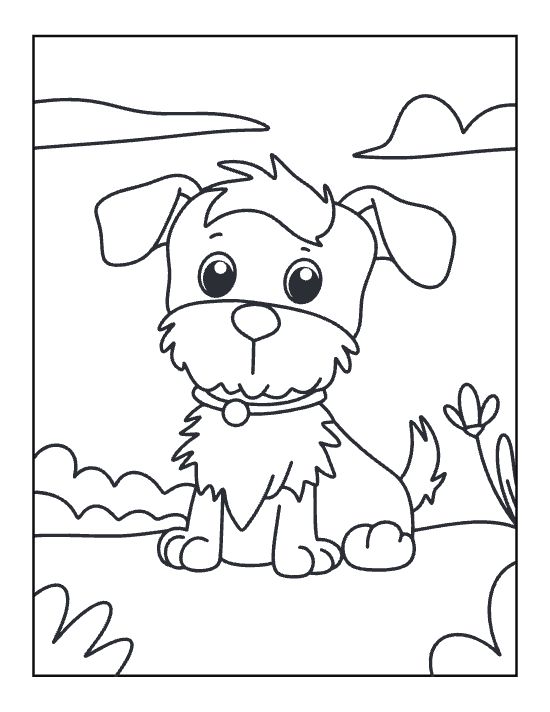 Fluffy schnauzer puppy with a collar among bushes and a flower drawn bold and easy