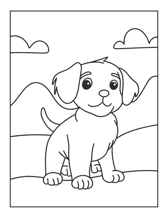 Plump labrador puppy beneath clouds with rolling hills behind on a coloring page