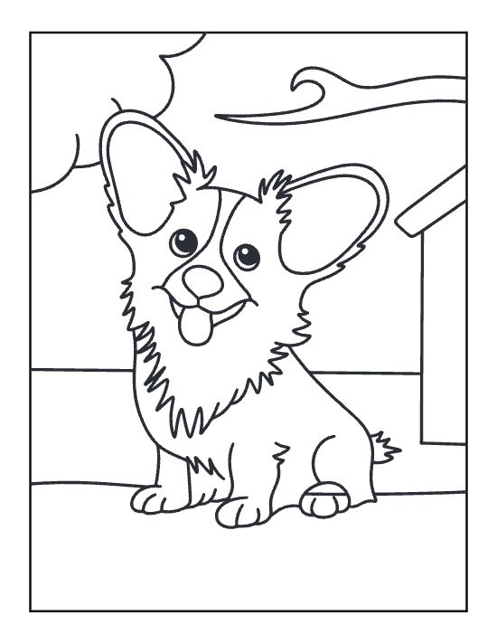 Fluffy corgi style dog with tongue out beside a doghouse on a coloring sheet