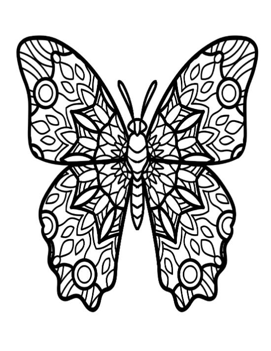 Intricate butterfly with mandala patterns on its large wings, coloring page