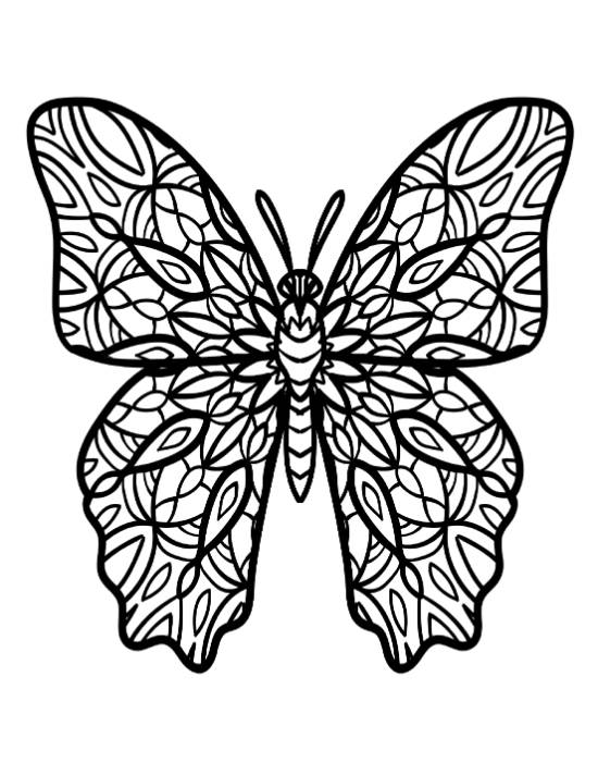 Butterfly with intricate mandala patterns on its wings, coloring page.