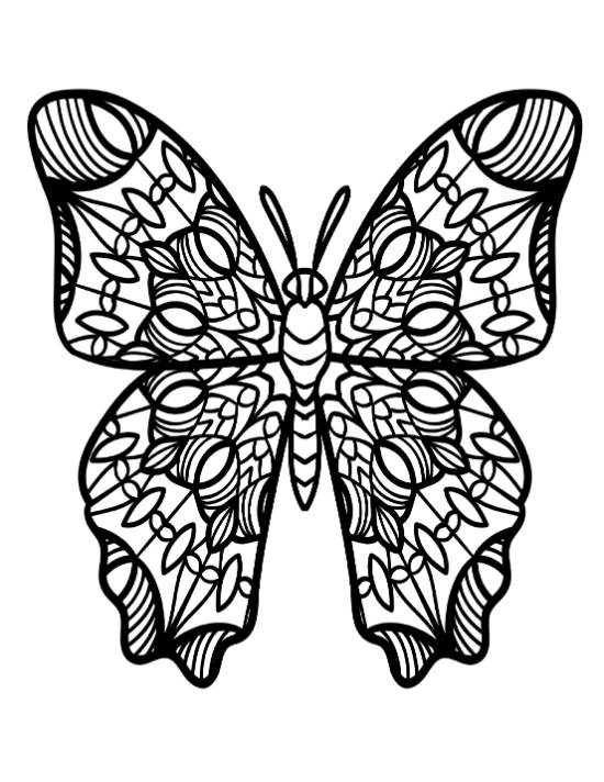 Intricate butterfly with detailed patterns on its wings makes a beautiful coloring page.