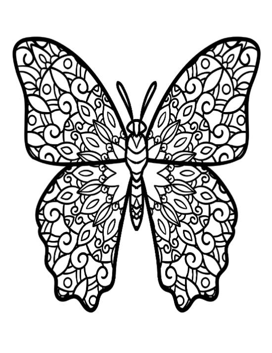 Mandala-patterned butterfly coloring page with symmetrical intricate designs and bold lines.