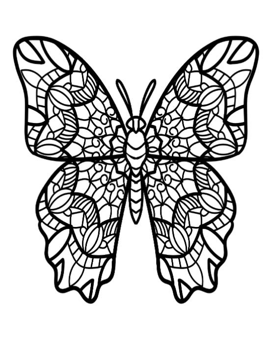 Intricate butterfly with lace-like patterns and bold lines, ideal for a challenging coloring page.
