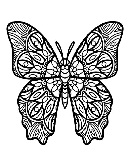 Butterfly coloring page with detailed mandala-like patterns on its wings, mandala