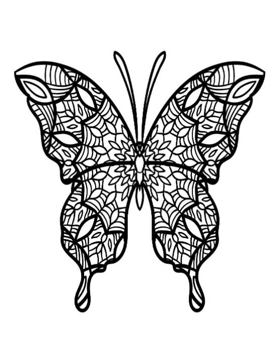 Butterfly with intricate mandala-like patterns on its wings, featuring delicate details, coloring page.