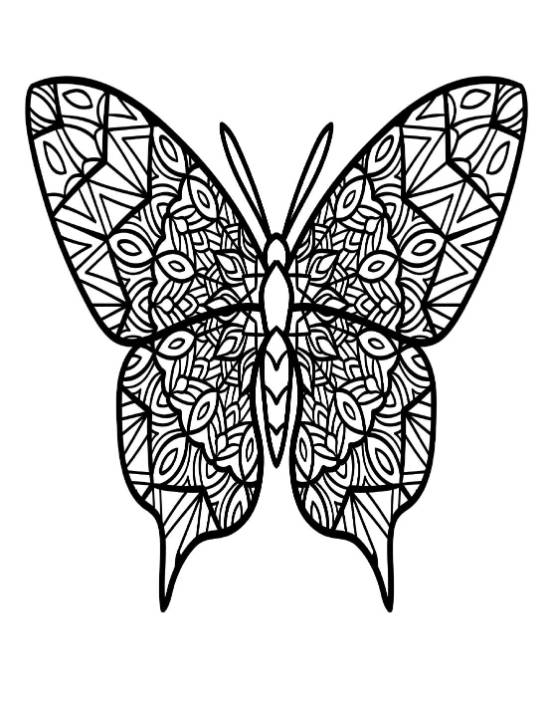 A stylized butterfly featuring intricate patterns and geometric shapes coloring page.