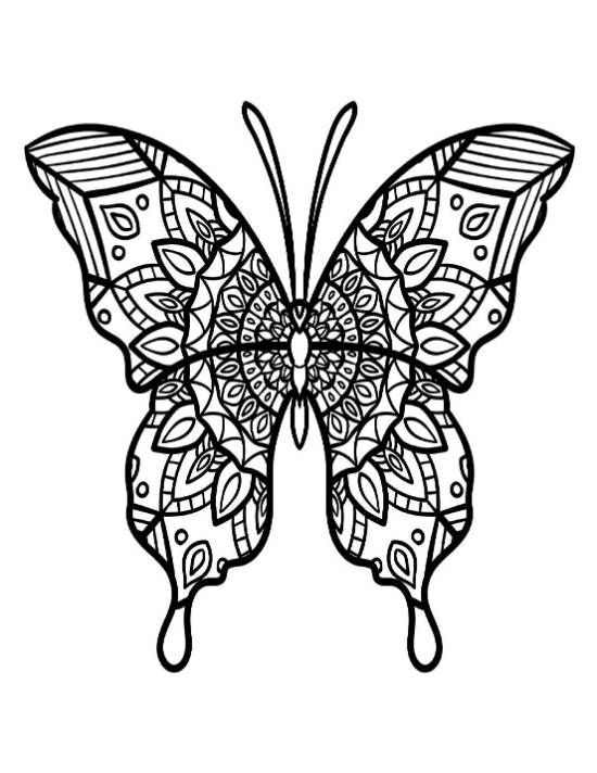 Intricate mandala butterfly with geometric patterns on its wings coloring page.