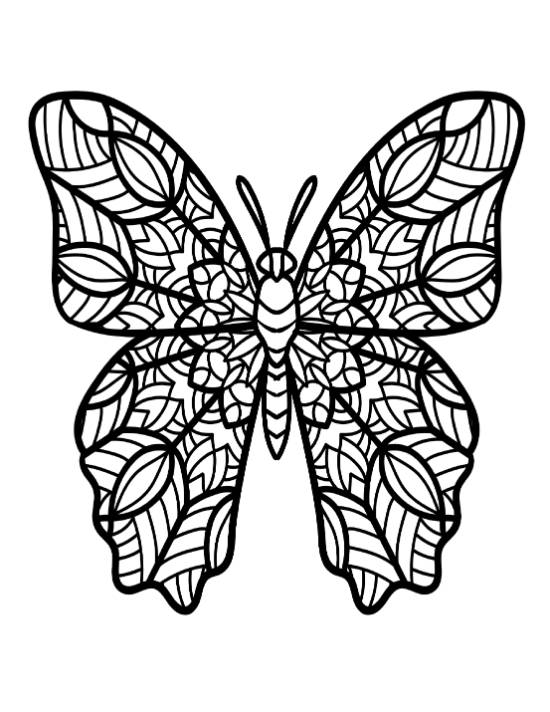 Intricate butterfly with symmetrical, leafy patterns on its wings, a detailed coloring page.