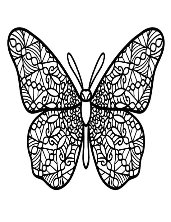 Stylized butterfly with intricate, symmetrical mandala-like patterns on its wings, coloring page.
