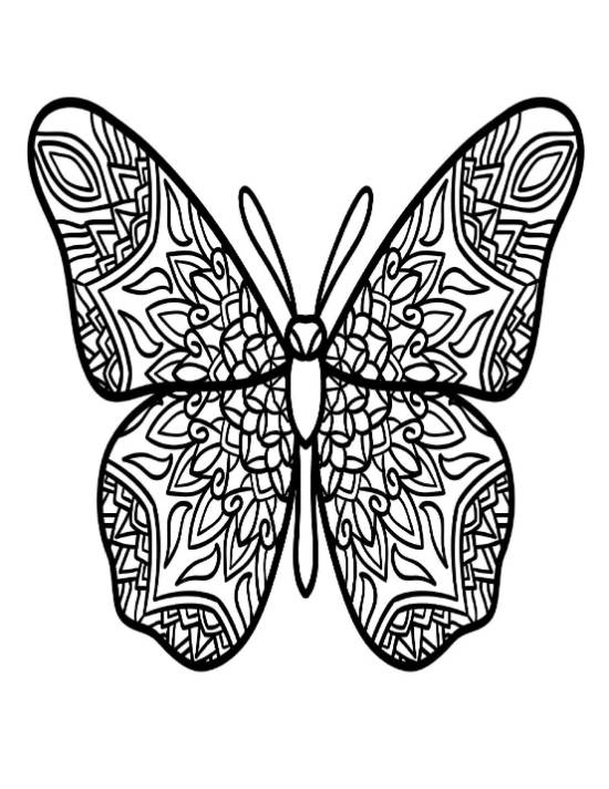 Butterfly with intricate mandala patterns on its wings coloring page.