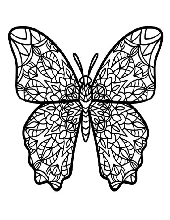 Butterfly with intricate leaf and petal patterns on its wings coloring page.