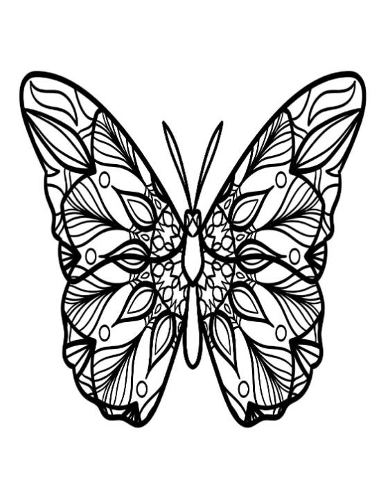 Butterfly with mandala wing patterns and detailed designs coloring page.