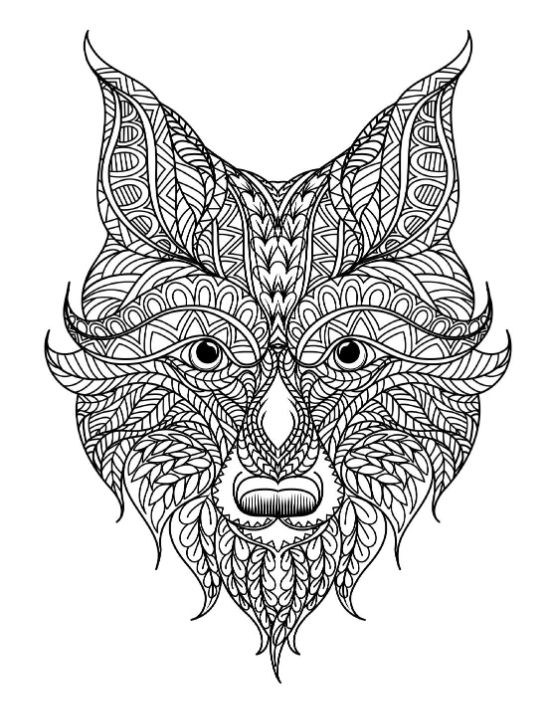 Detailed fox head with patterns intricately filling the fur and features coloring page.