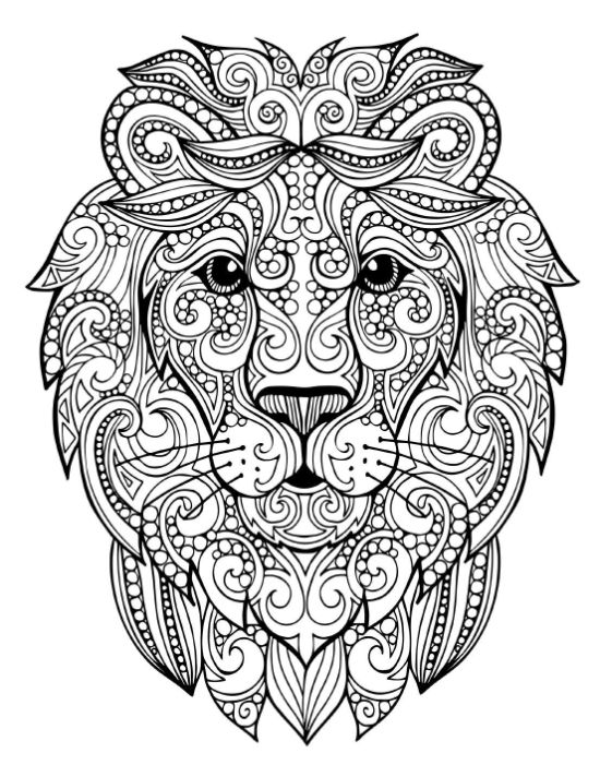 Intricate lion head with detailed swirls, dots, and paisley patterns coloring page.