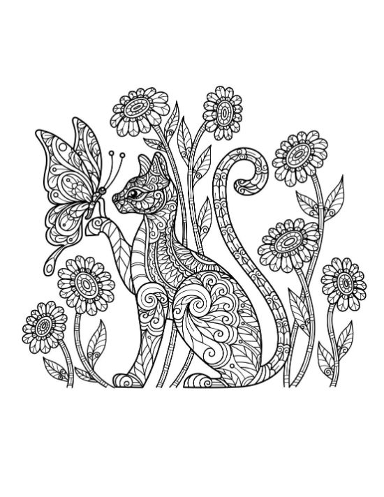 Ornate cat with a butterfly and flowers, detailed black and white coloring page.