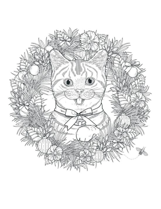A cute cat in a festive Christmas wreath with ornaments and a bee coloring page.