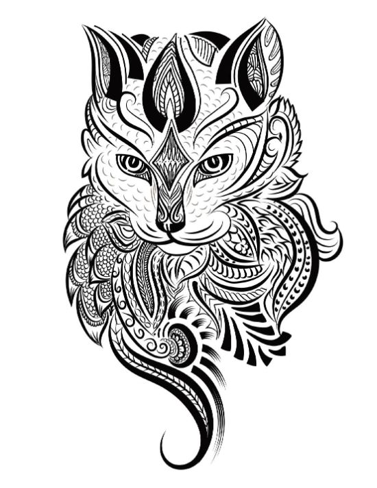 Ornate feline head abstract patterns with swirls and bold linework coloring page