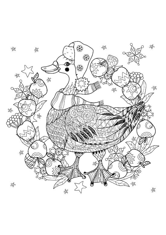 Goose in a Santa hat and scarf framed by a round wreath of ornaments in a mandala