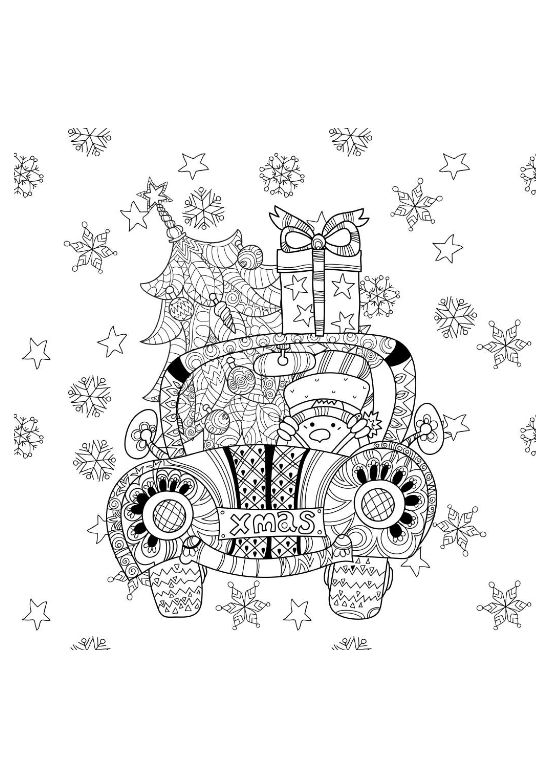 Decorated car loaded with a Christmas tree gifts and a snowman on a coloring page