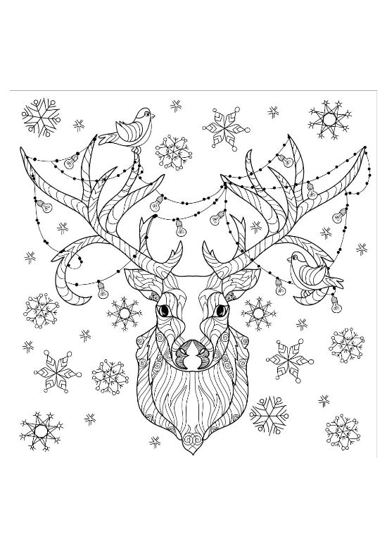 Reindeer head with patterned antlers holding string lights and a bird on a coloring sheet
