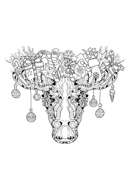 Ox head with presents and baubles hanging from decorated horns on a coloring page