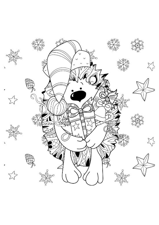 Furry animal in a striped hat holding a gift before a wreath on a coloring sheet