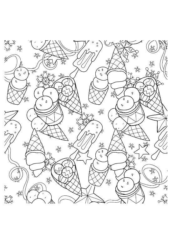 Repeating ice cream cones and popsicles with snowflakes in a seamless pattern on a coloring sheet