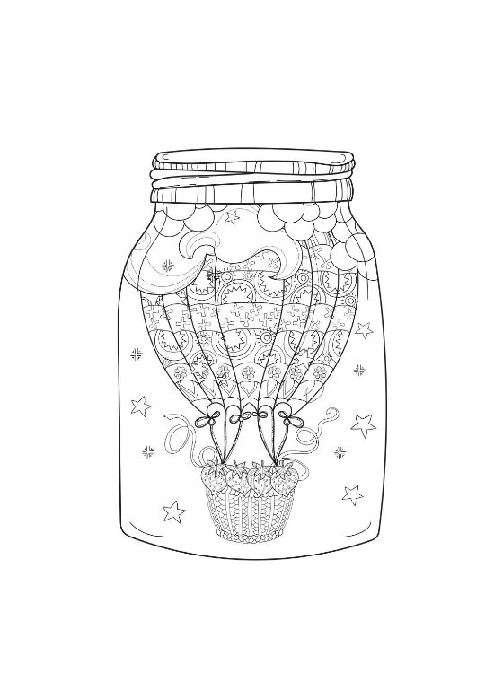 Patterned hot air balloon with a basket floating inside a mason jar on a coloring page