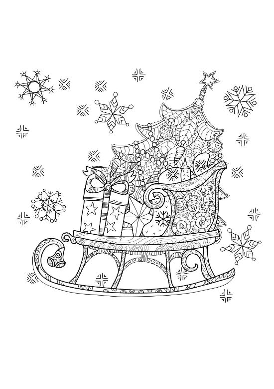 Ornate sleigh piled with a tree gifts and ornaments among snowflakes on a coloring page