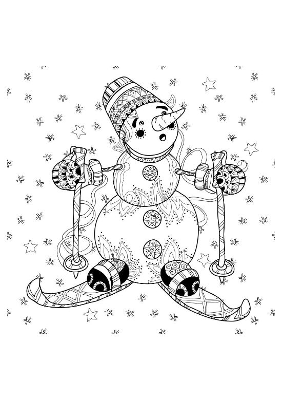 Snowman on skis holding poles covered in fine swirls among stars on a coloring sheet