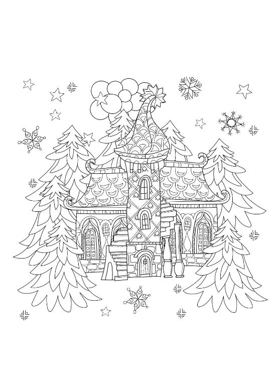 Decorated cottage with a scalloped roof among pine trees and stars on a coloring page