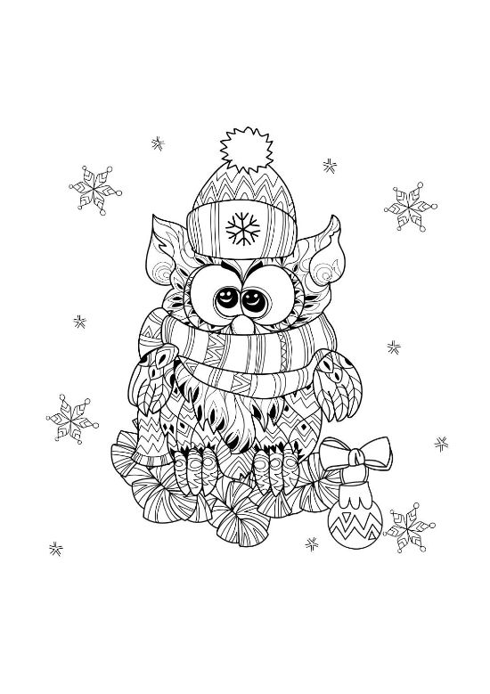 Patterned owl wearing a knit hat and scarf with a hanging ornament on a coloring page